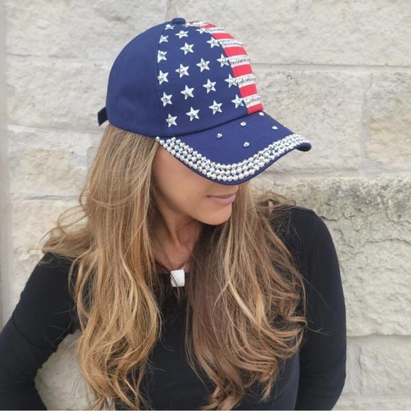 Navy Blue America Rhinestone Cap - Picture 1 of 4